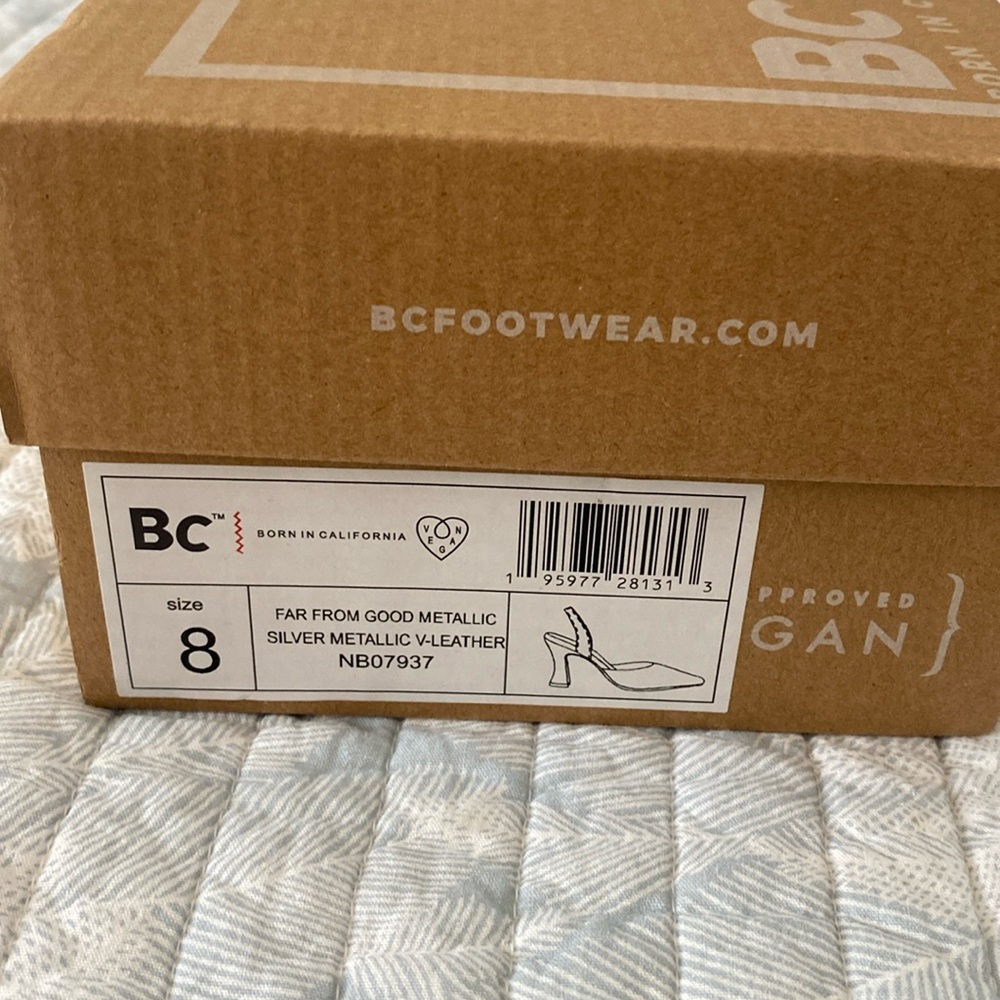 Born in California brand new in box size 8 silver slip on heels